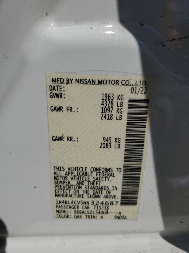 2022 NISSAN ALTIMA SR VIN:1N4BL4CV5NN324687