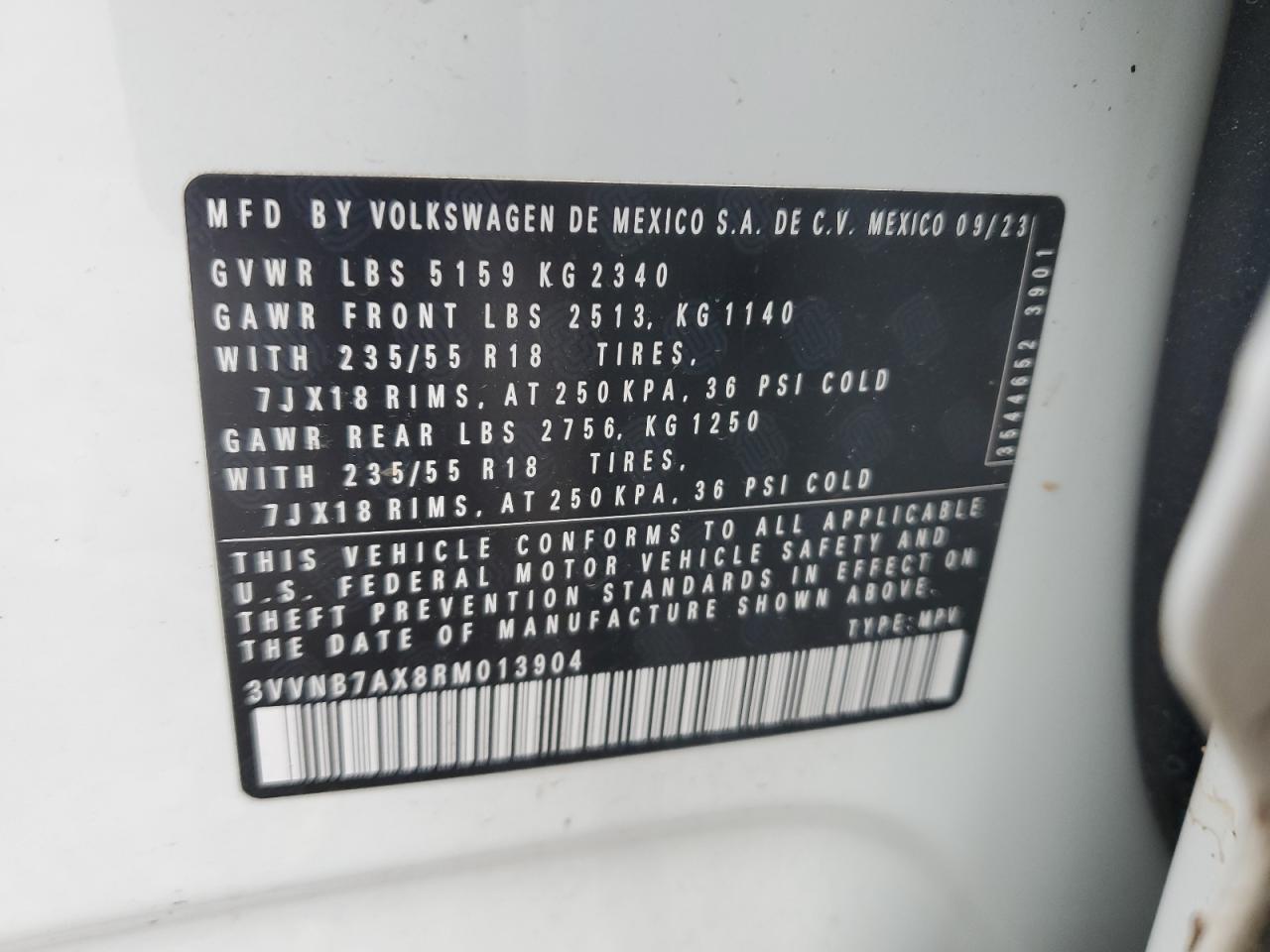 2024 VOLKSWAGEN TIGUAN SE VIN:3VVNB7AX8RM013904