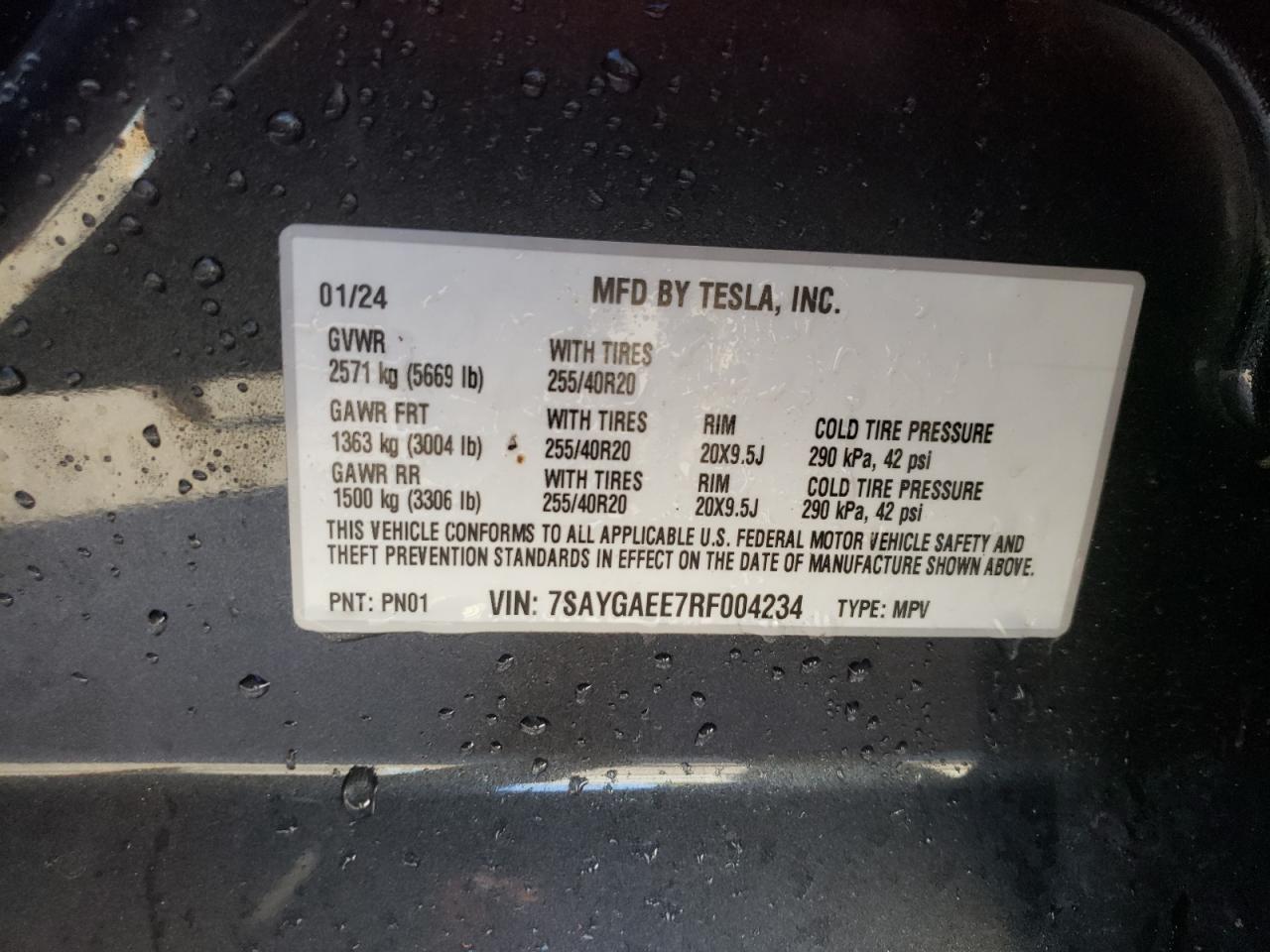 2024 TESLA MODEL Y VIN:7SAYGAEE7RF004234