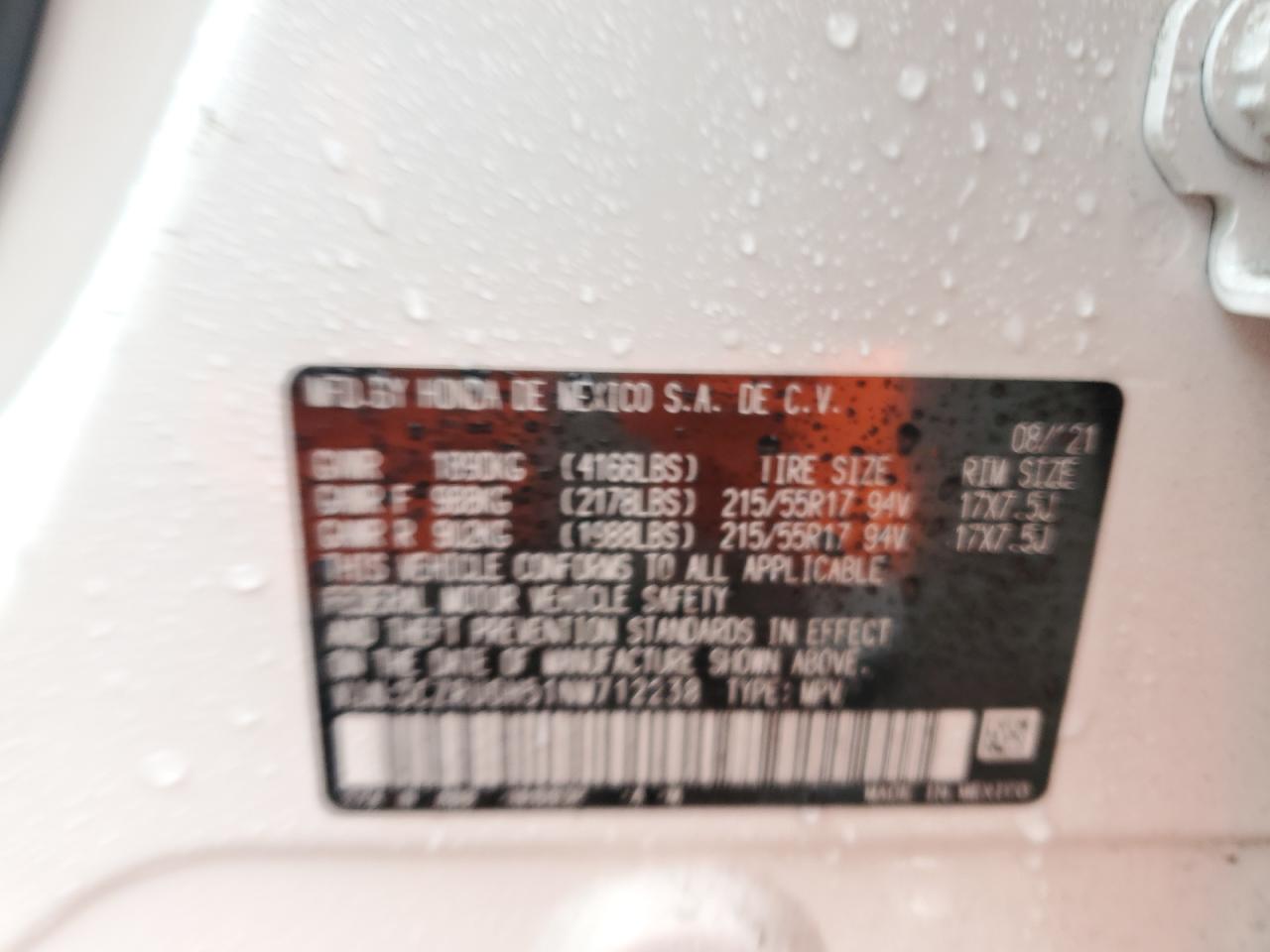 2022 HONDA HR-V EX VIN:3CZRU6H51NM712238