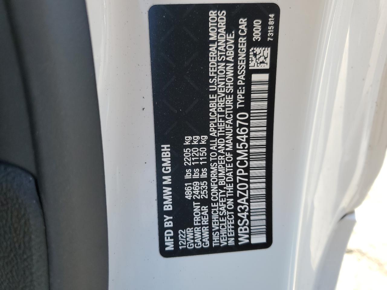 2023 BMW M4 COMPETITION VIN:WBS43AZ07PCM54670