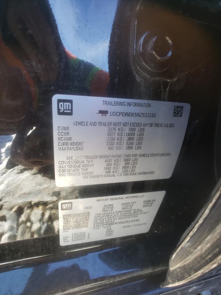 2022 CHEVROLET SILVERADO K1500 CUSTOM VIN:1GCPDBEK5NZ513191