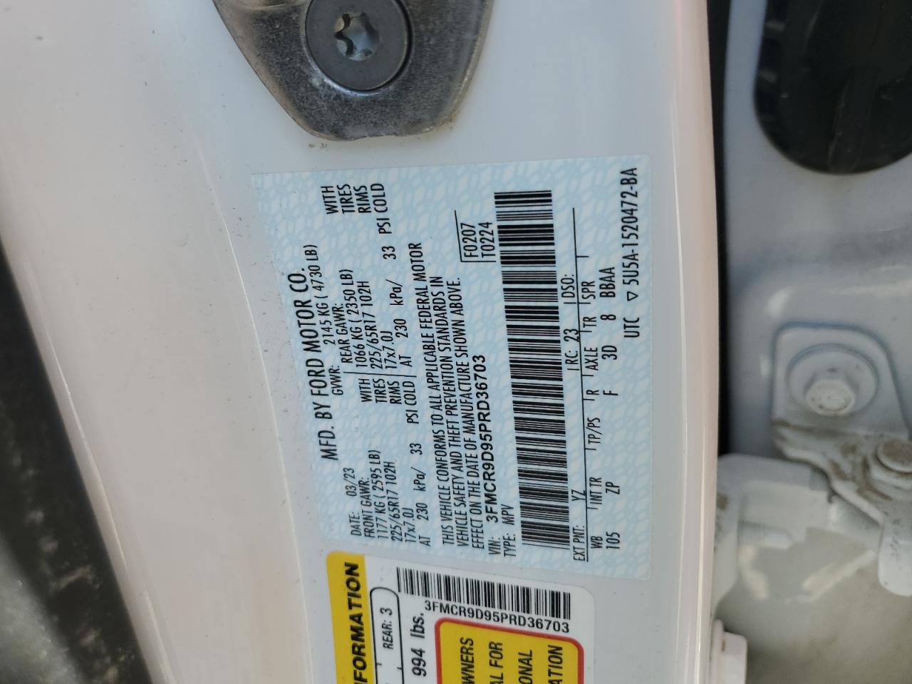 2023 FORD BRONCO SPORT BADLANDS VIN:3FMCR9D95PRD36703