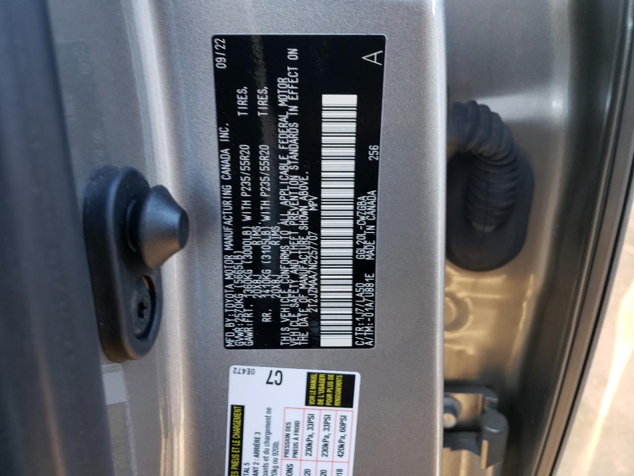 2022 LEXUS RX 350 VIN:2T2JZMAA7NC257707