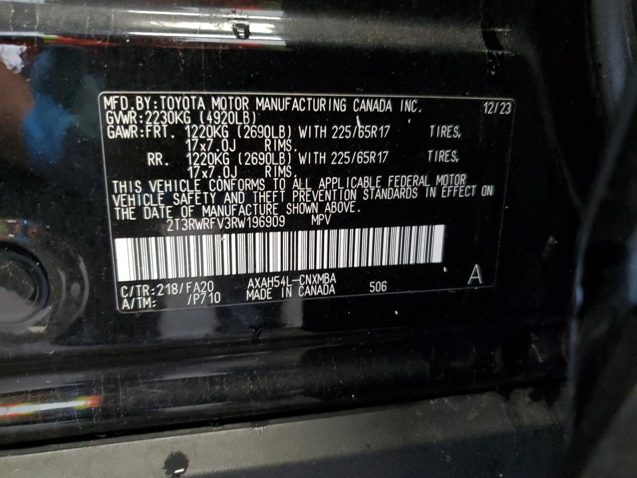2024 TOYOTA RAV4 XLE VIN:2T3RWRFV3RW196909