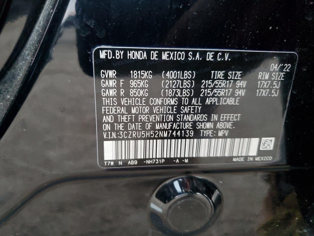 2022 HONDA HR-V EX VIN:3CZRU5H52NM744139