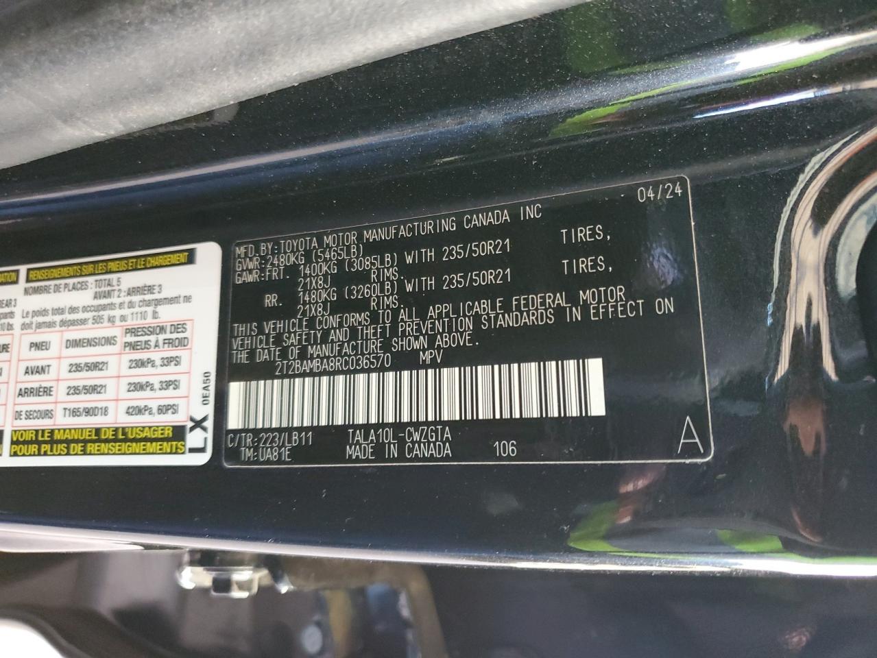 2024 LEXUS RX 350 BASE VIN:2T2BAMBA8RC036570