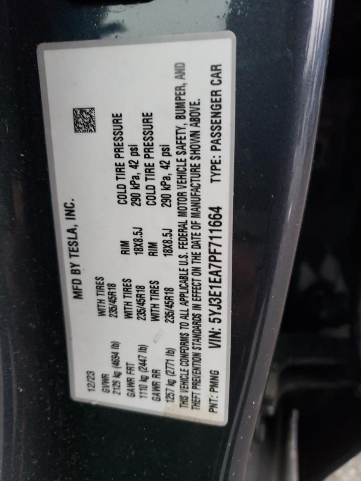 2023 TESLA MODEL 3 VIN:5YJ3E1EA7PF711664
