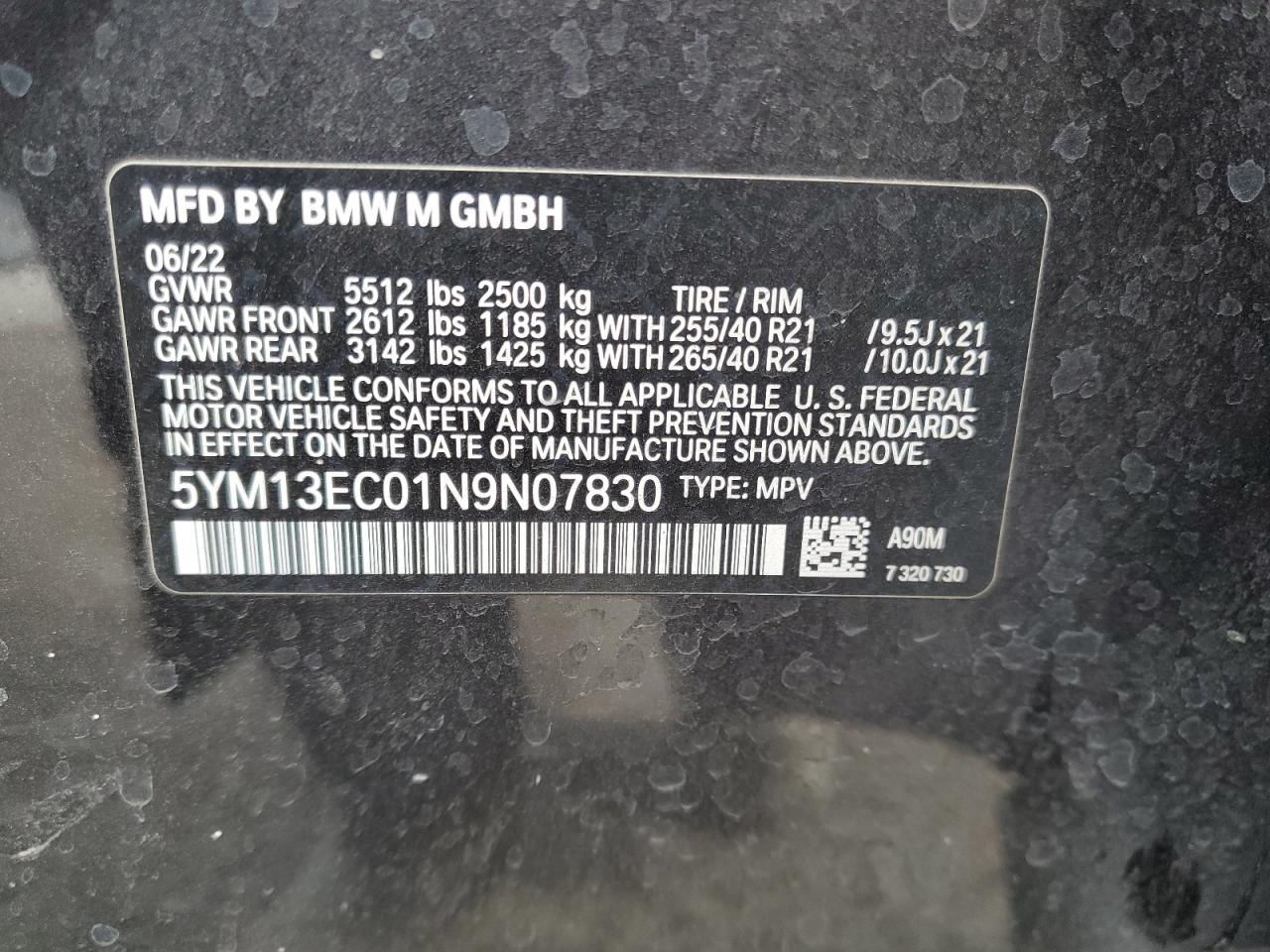 2022 BMW X3 M VIN:5YM13EC01N9N07830