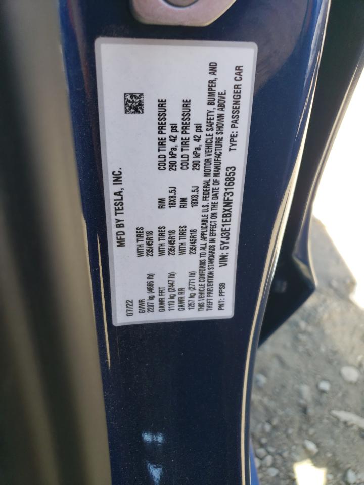 2022 TESLA MODEL 3 VIN:5YJ3E1EBXNF316853