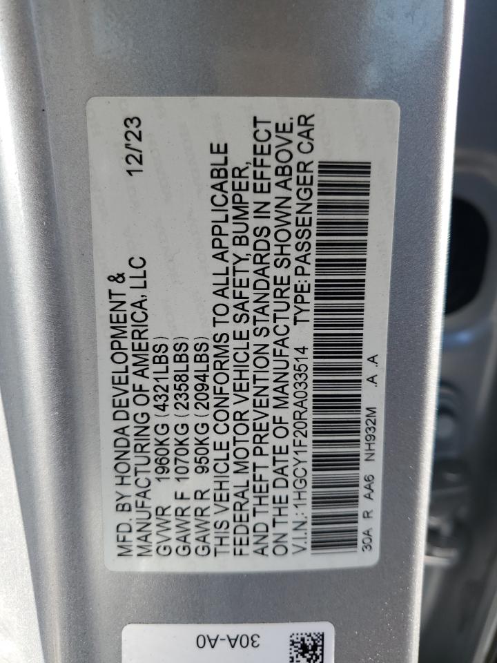 2024 HONDA ACCORD LX VIN:1HGCY1F20RA033514