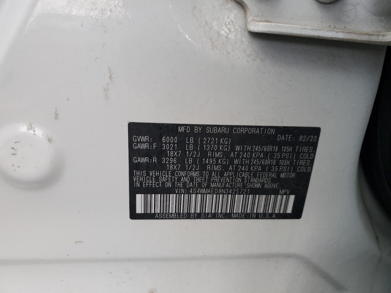 2022 SUBARU ASCENT PREMIUM VIN:4S4WMAED9N3425721