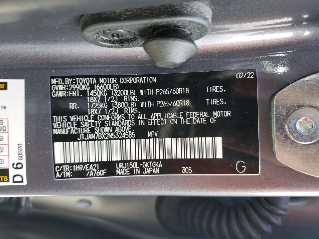 2022 LEXUS GX 460 VIN:JTJAM7BX2N5324585