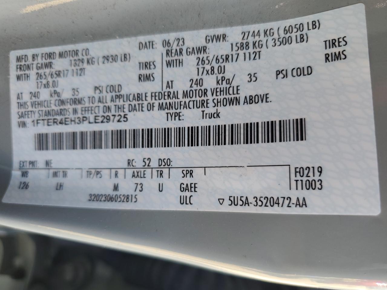 2023 FORD RANGER XL VIN:1FTER4EH3PLE29725