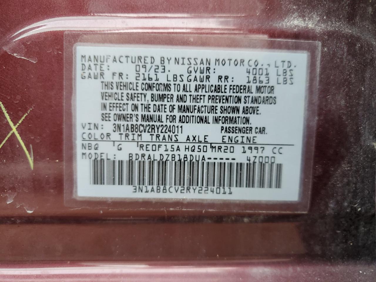 2024 NISSAN SENTRA SV VIN:3N1AB8CV2RY224011