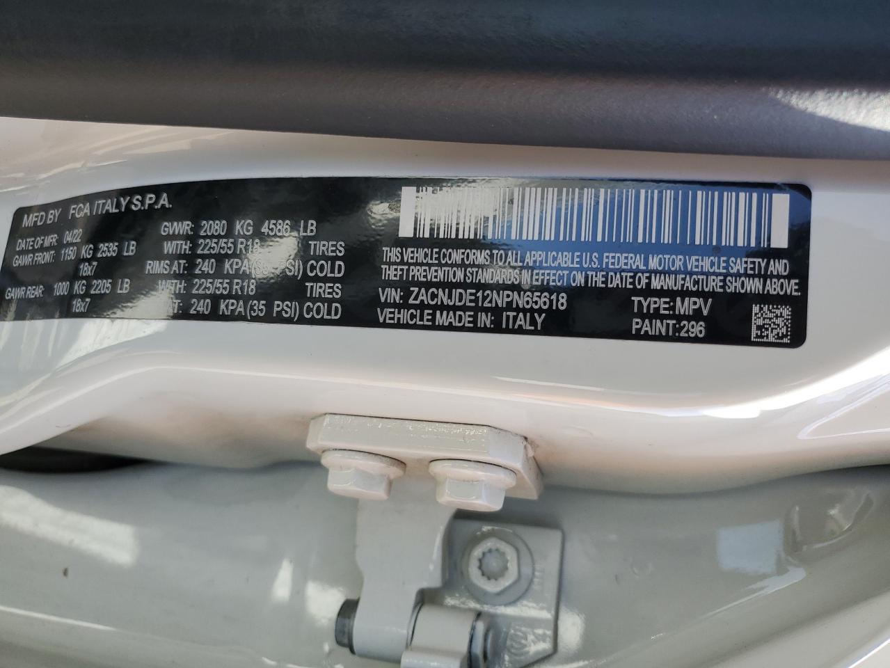 2022 JEEP RENEGADE ALTITUDE VIN:ZACNJDE12NPN65618