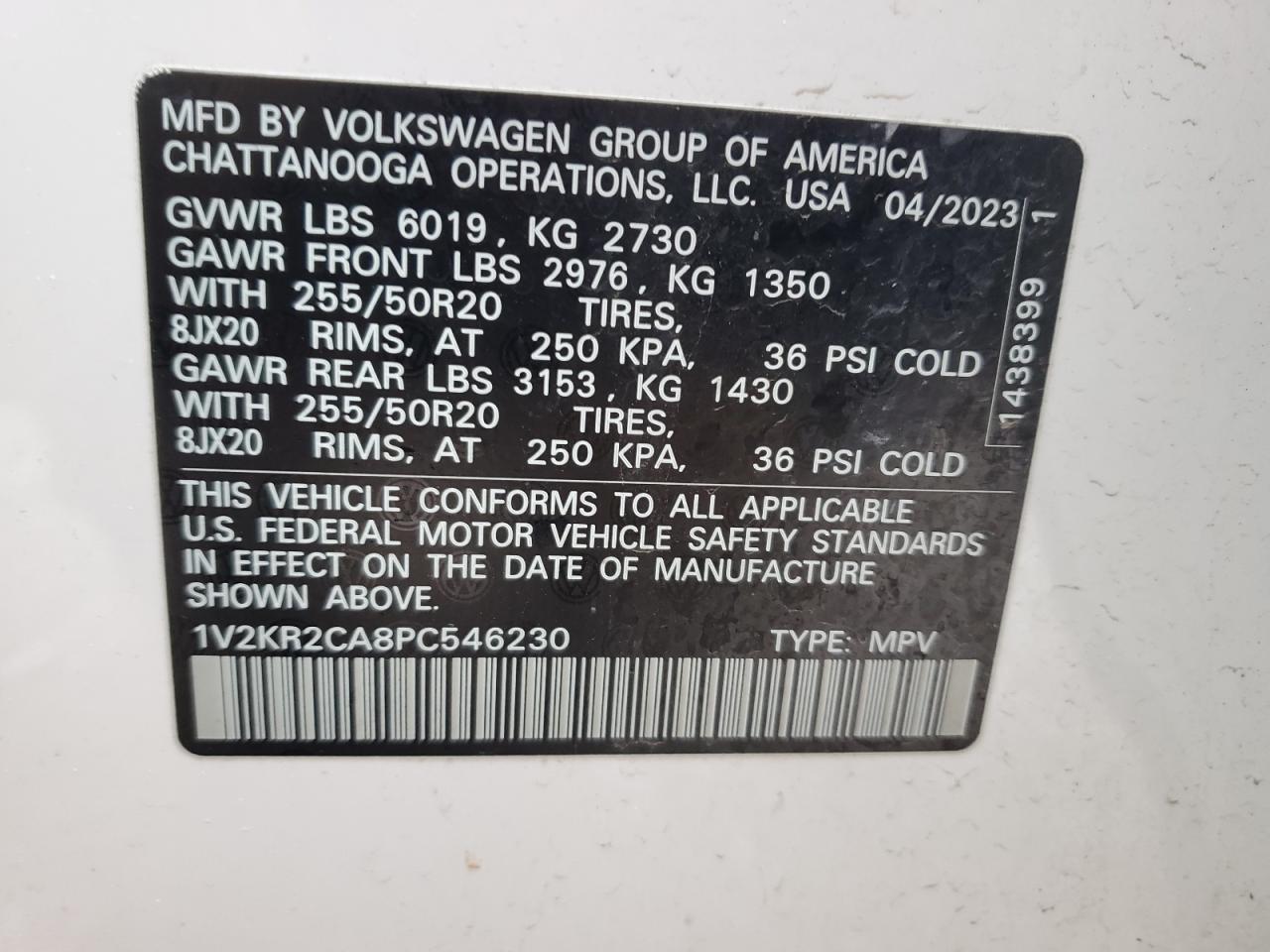 2023 VOLKSWAGEN ATLAS SE VIN:1V2KR2CA8PC546230