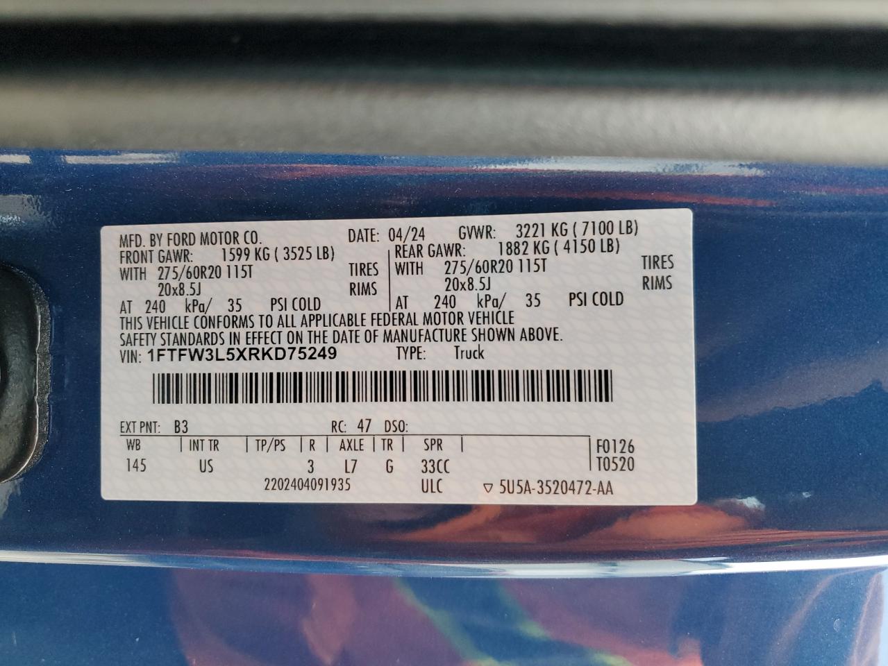 2024 FORD F150 XLT VIN:1FTFW3L5XRKD75249
