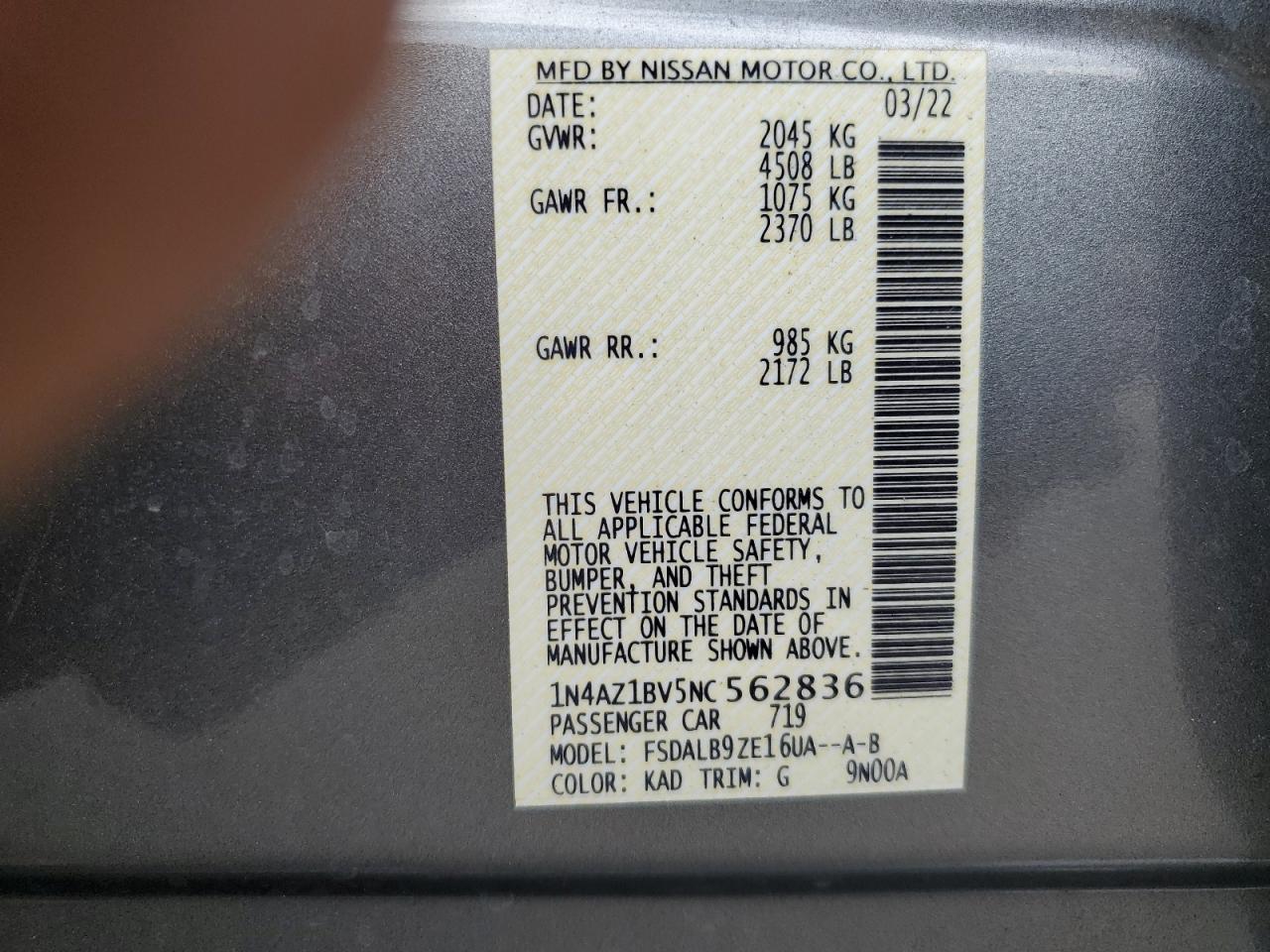 2022 NISSAN LEAF S VIN:1N4AZ1BV5NC562836