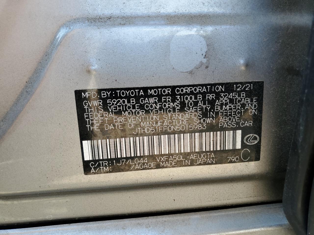 2022 LEXUS LS 500 BASE VIN:JTHD51FF0N5015983