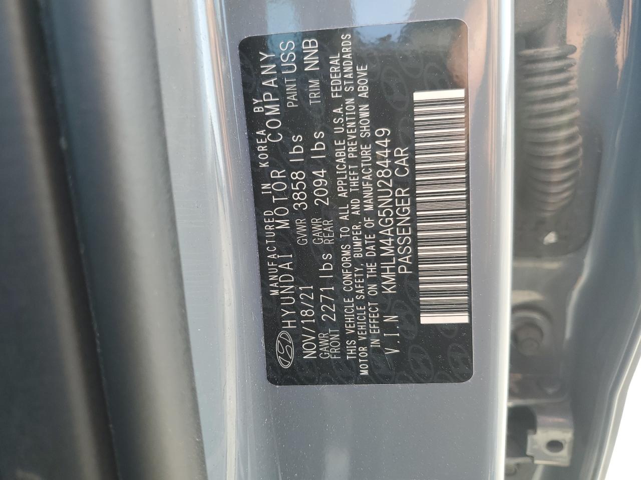 2022 HYUNDAI ELANTRA SEL VIN:KMHLM4AG5NU284449