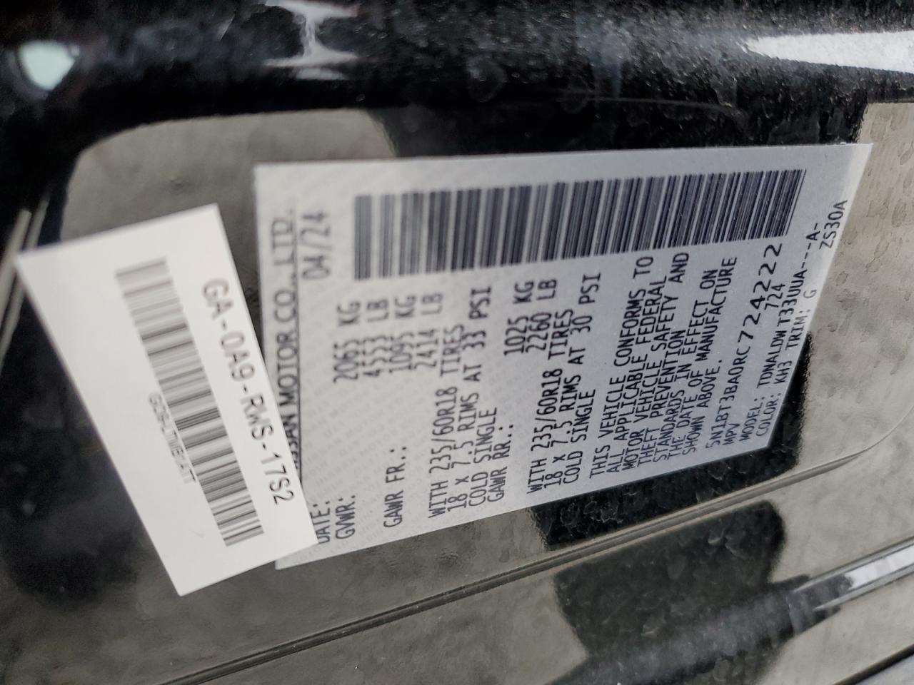 2024 NISSAN ROGUE SV VIN:5N1BT3BA0RC724222