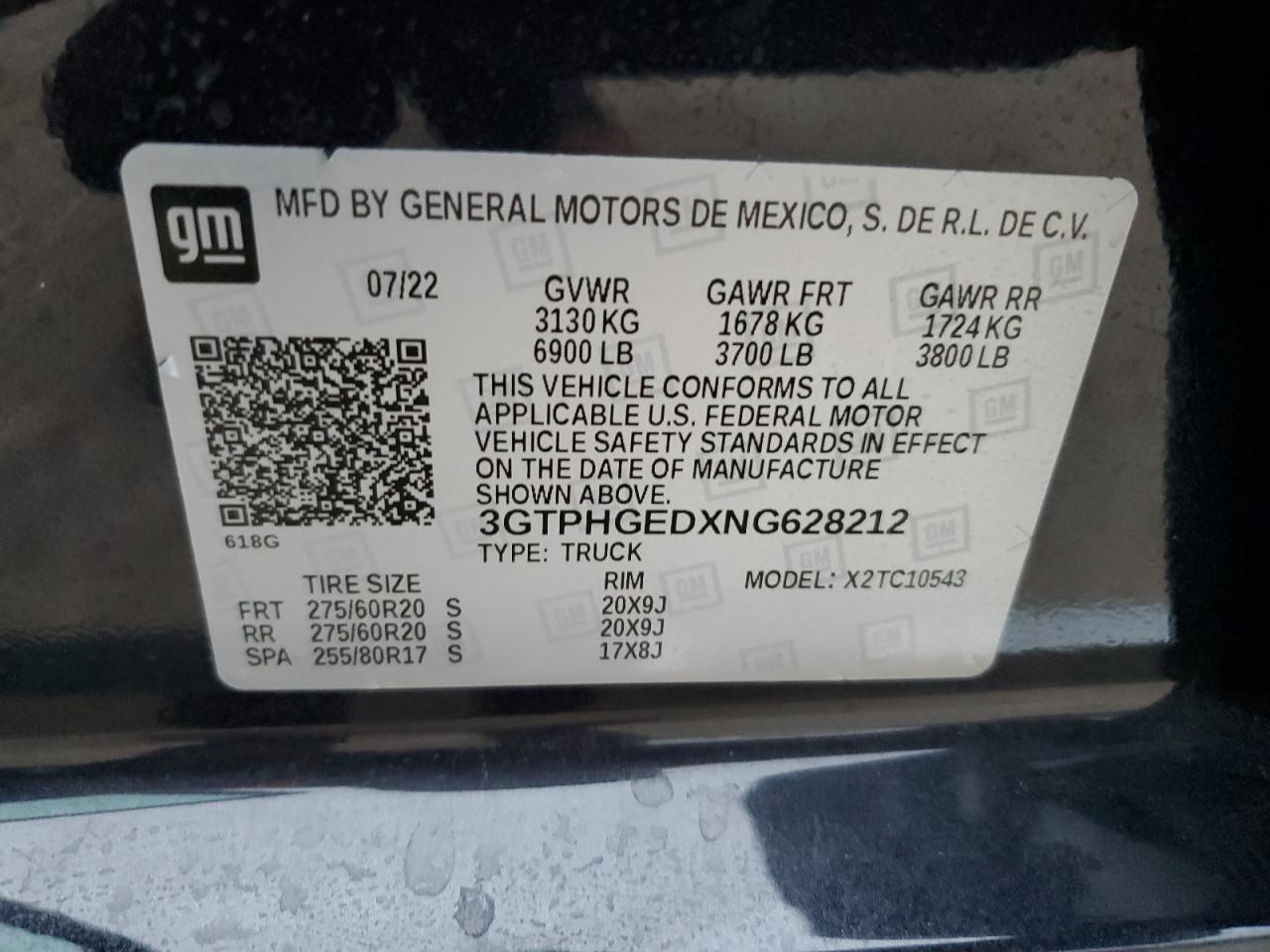 2022 GMC SIERRA C1500 DENALI VIN:3GTPHGEDXNG628212
