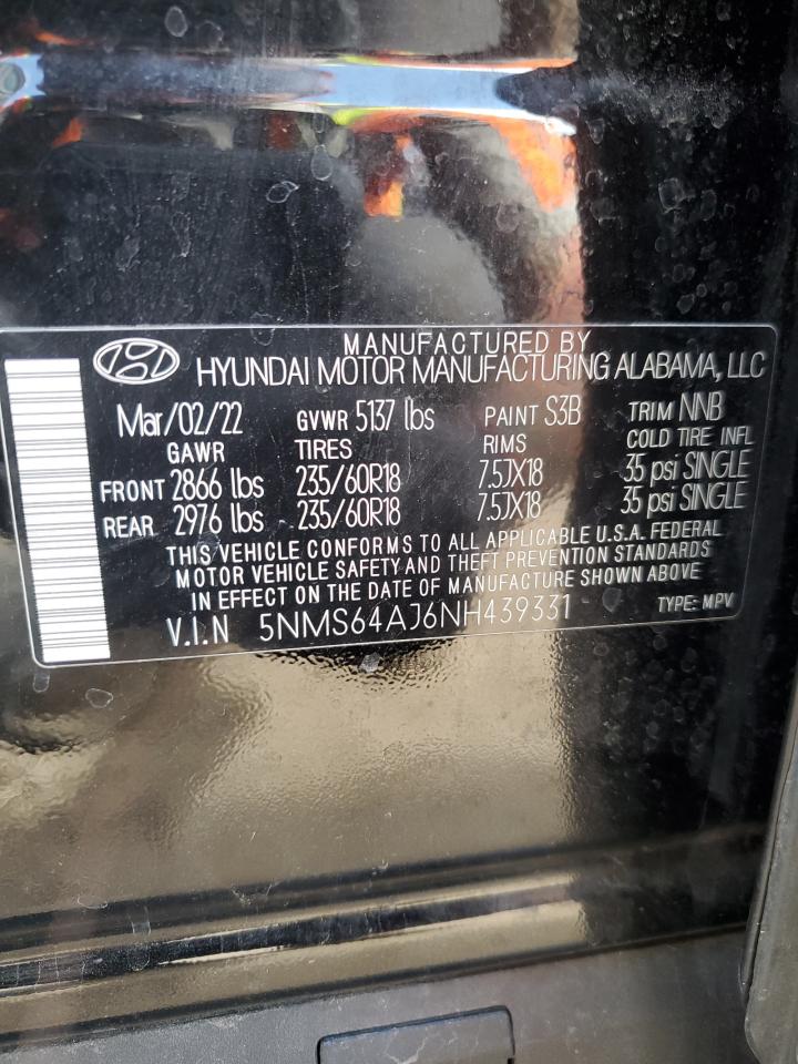 2022 HYUNDAI SANTA FE SEL VIN:5NMS64AJ6NH439331
