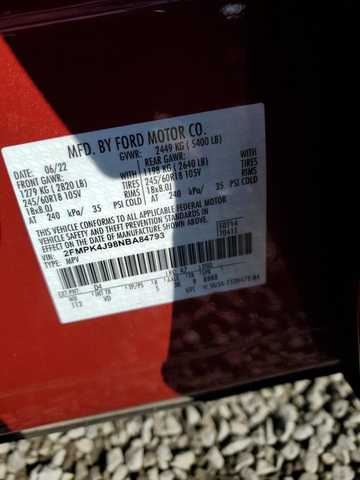 2022 FORD EDGE SEL VIN:2FMPK4J98NBA84793