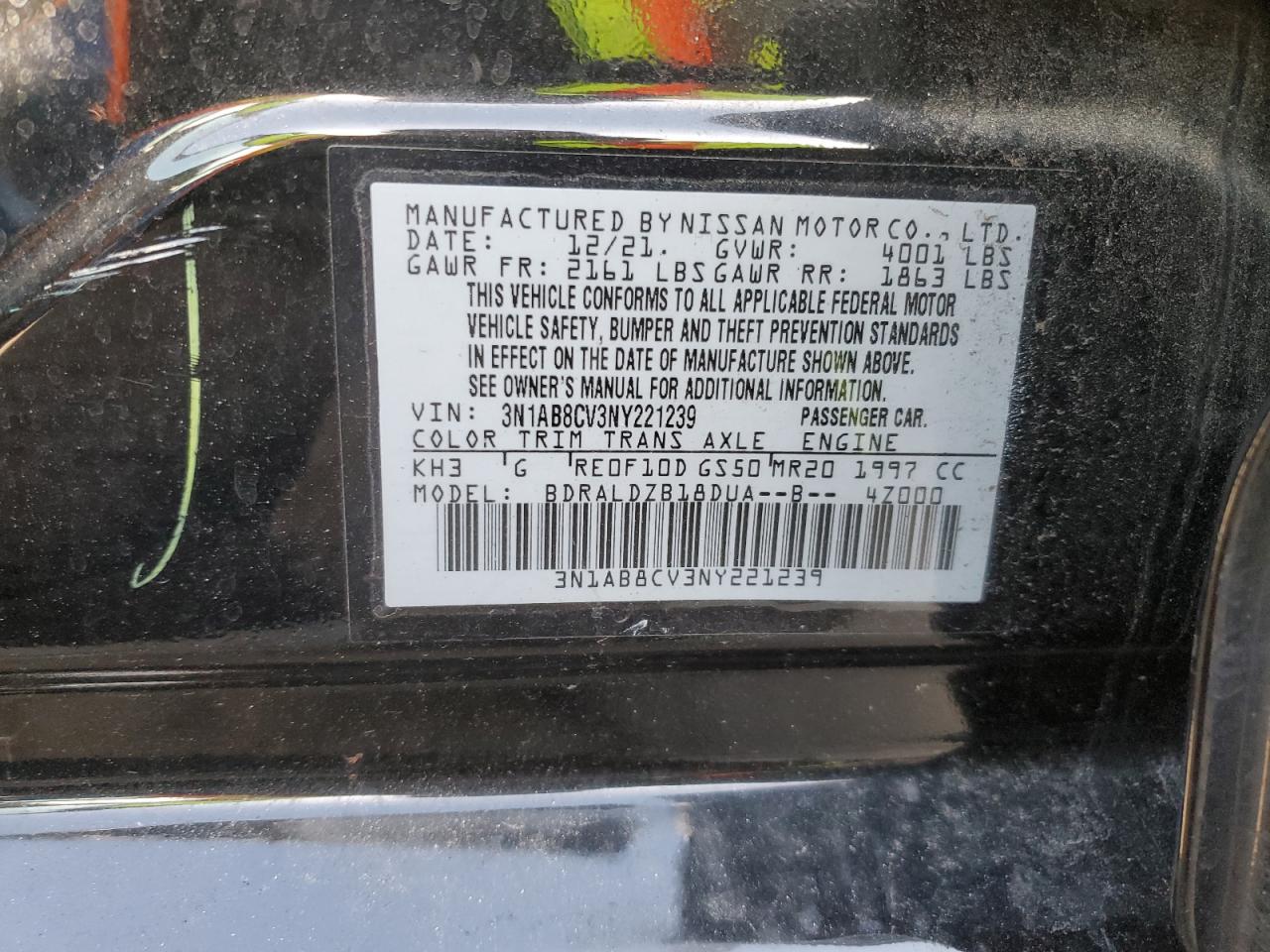 2022 NISSAN SENTRA SV VIN:3N1AB8CV3NY221239