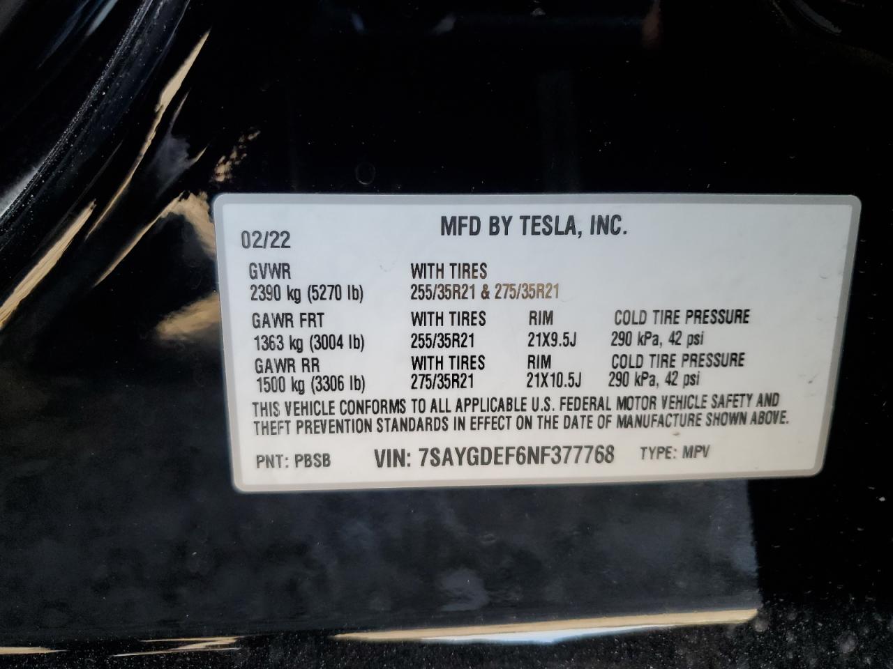 2022 TESLA MODEL Y VIN:7SAYGDEF6NF377768