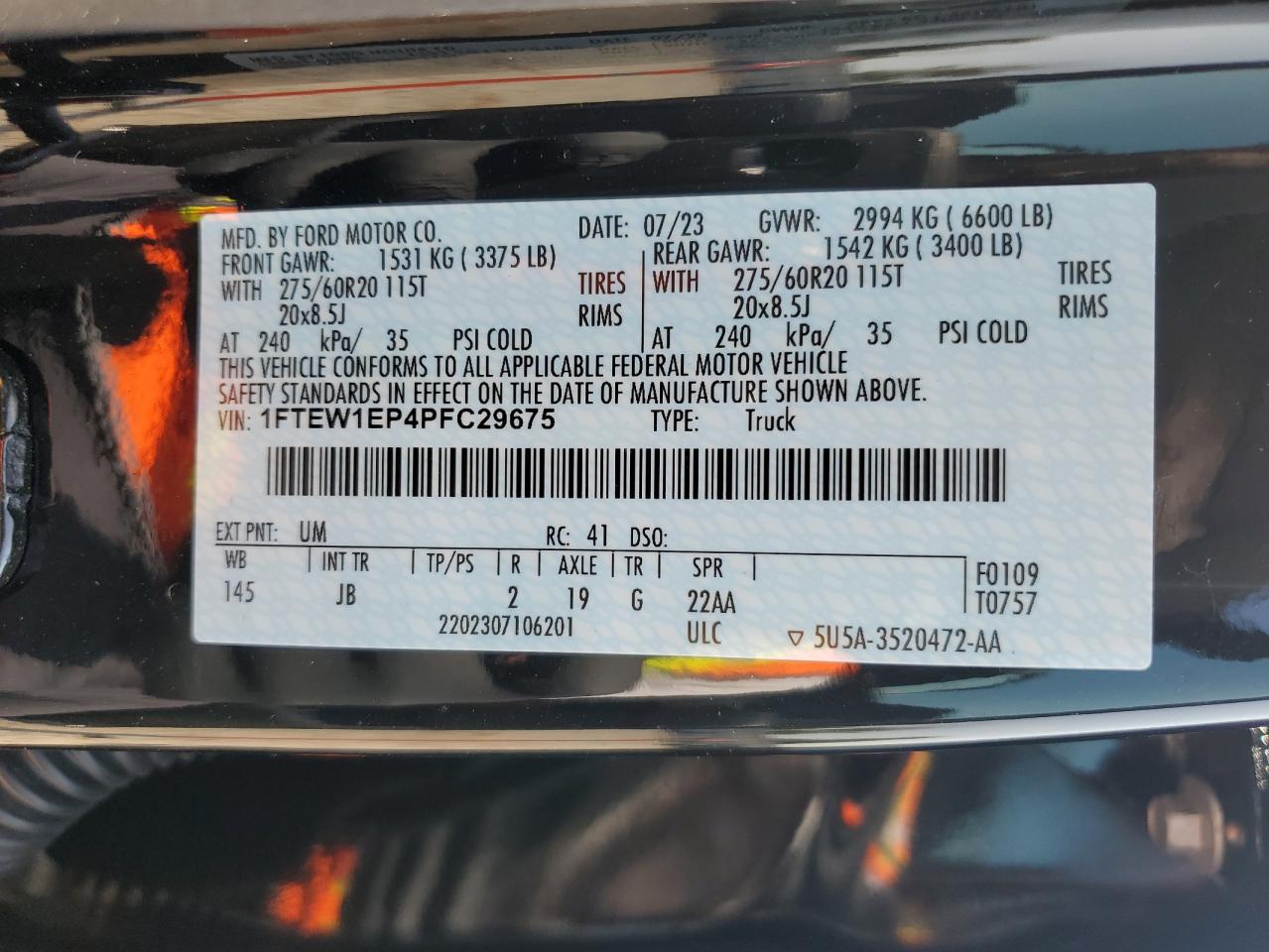 2023 FORD F150 SUPERCREW VIN:1FTEW1EP4PFC29675
