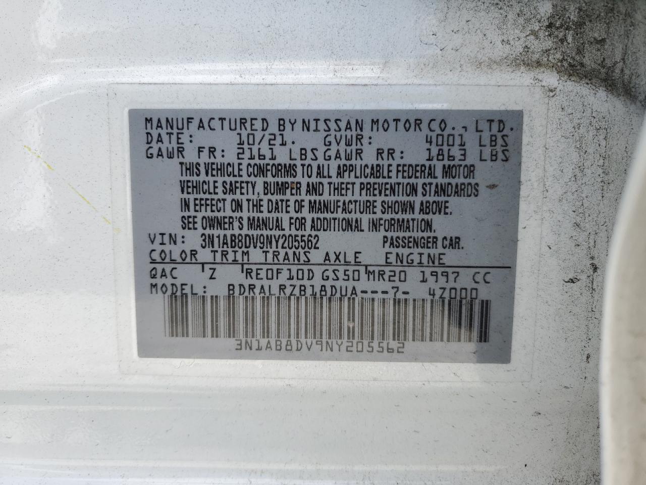 2022 NISSAN SENTRA SR VIN:3N1AB8DV9NY205562