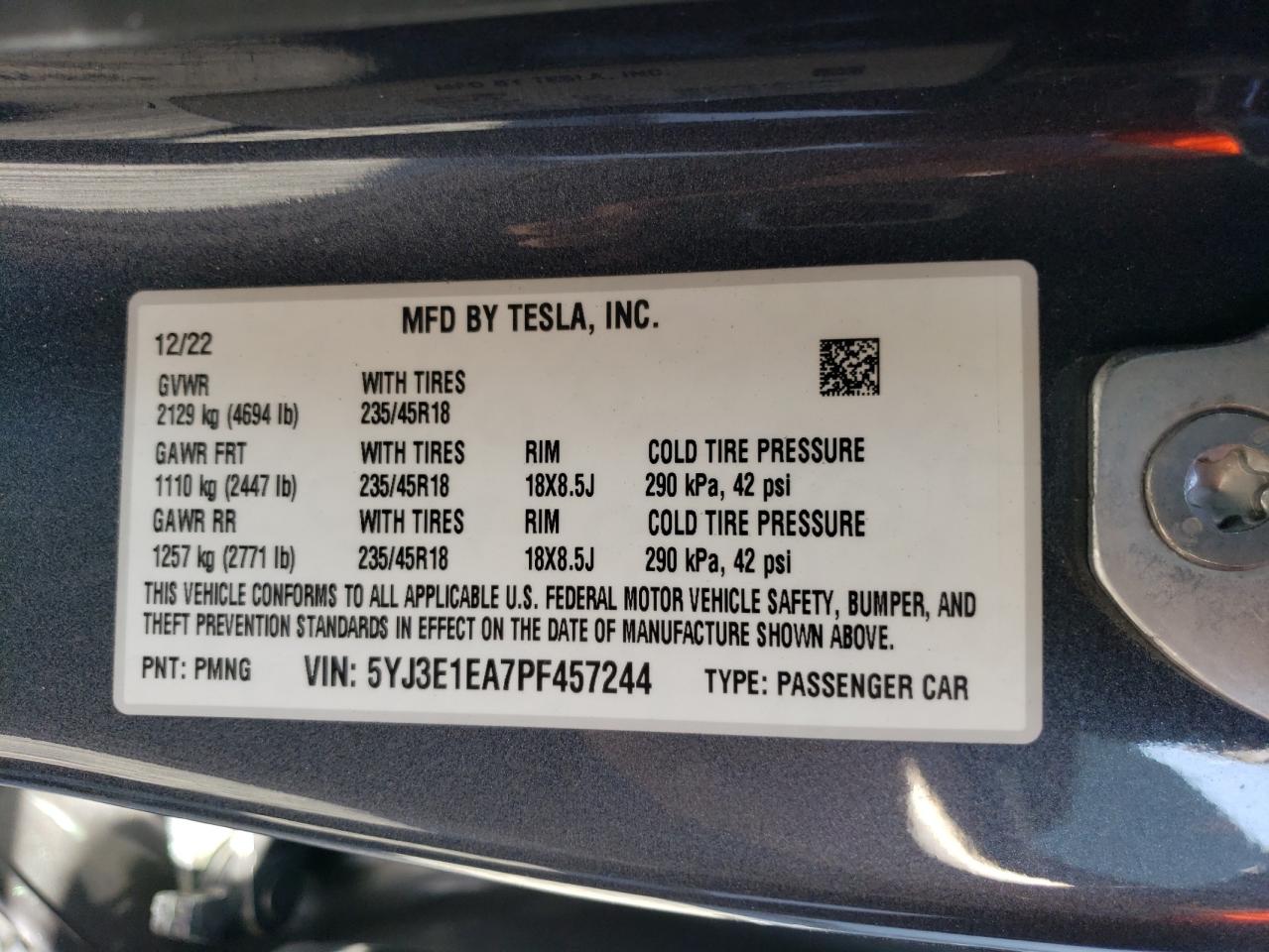2023 TESLA MODEL 3 VIN:5YJ3E1EA7PF457244