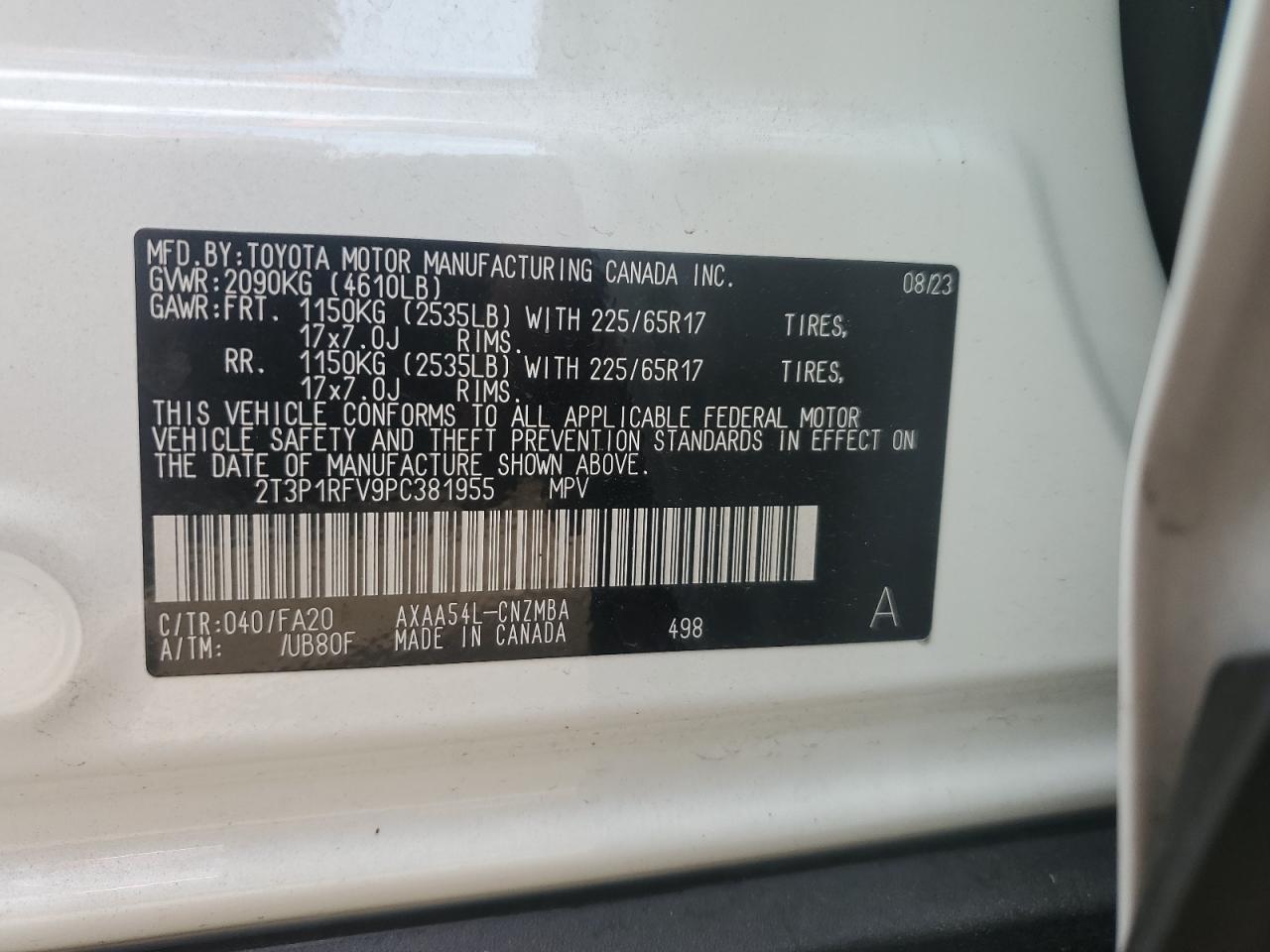 2023 TOYOTA RAV4 XLE VIN:2T3P1RFV9PC381955