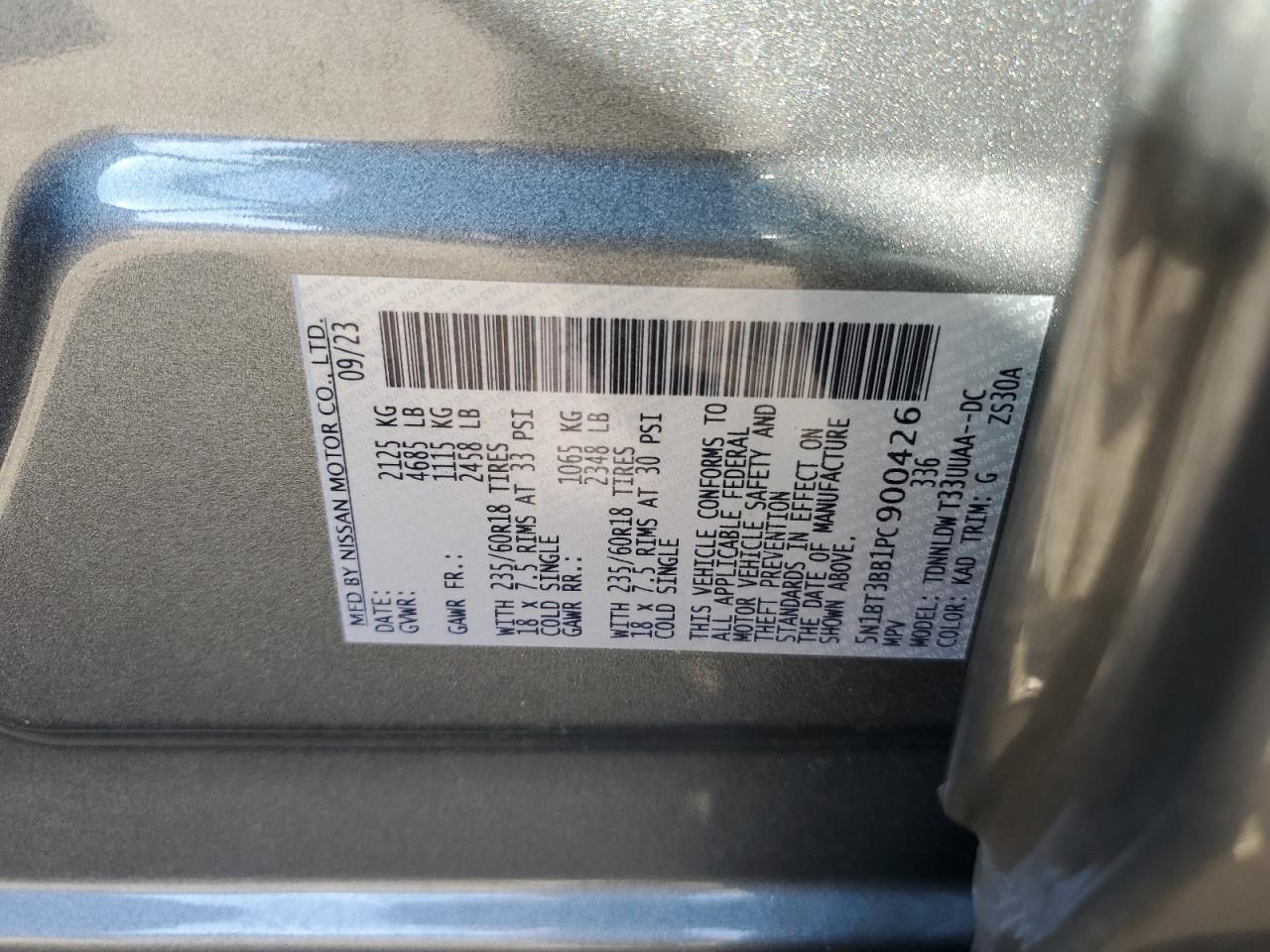 2023 NISSAN ROGUE SV VIN:5N1BT3BB1PC900426