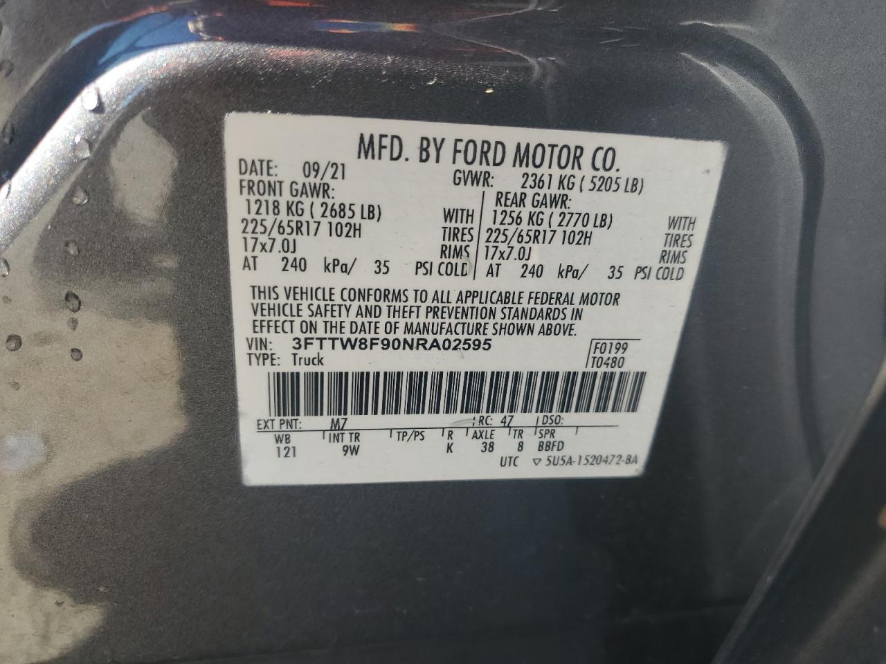2022 FORD MAVERICK XL VIN:3FTTW8F90NRA02595