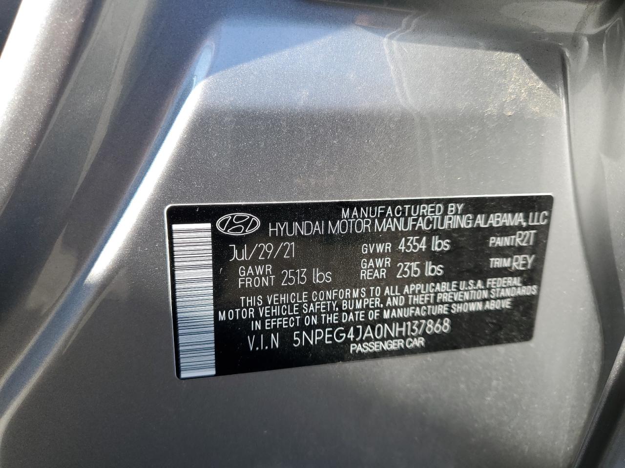 2022 HYUNDAI SONATA SE VIN:5NPEG4JA0NH137868