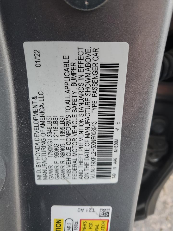 2022 HONDA CIVIC LX VIN:19XFL2H5XNE008943