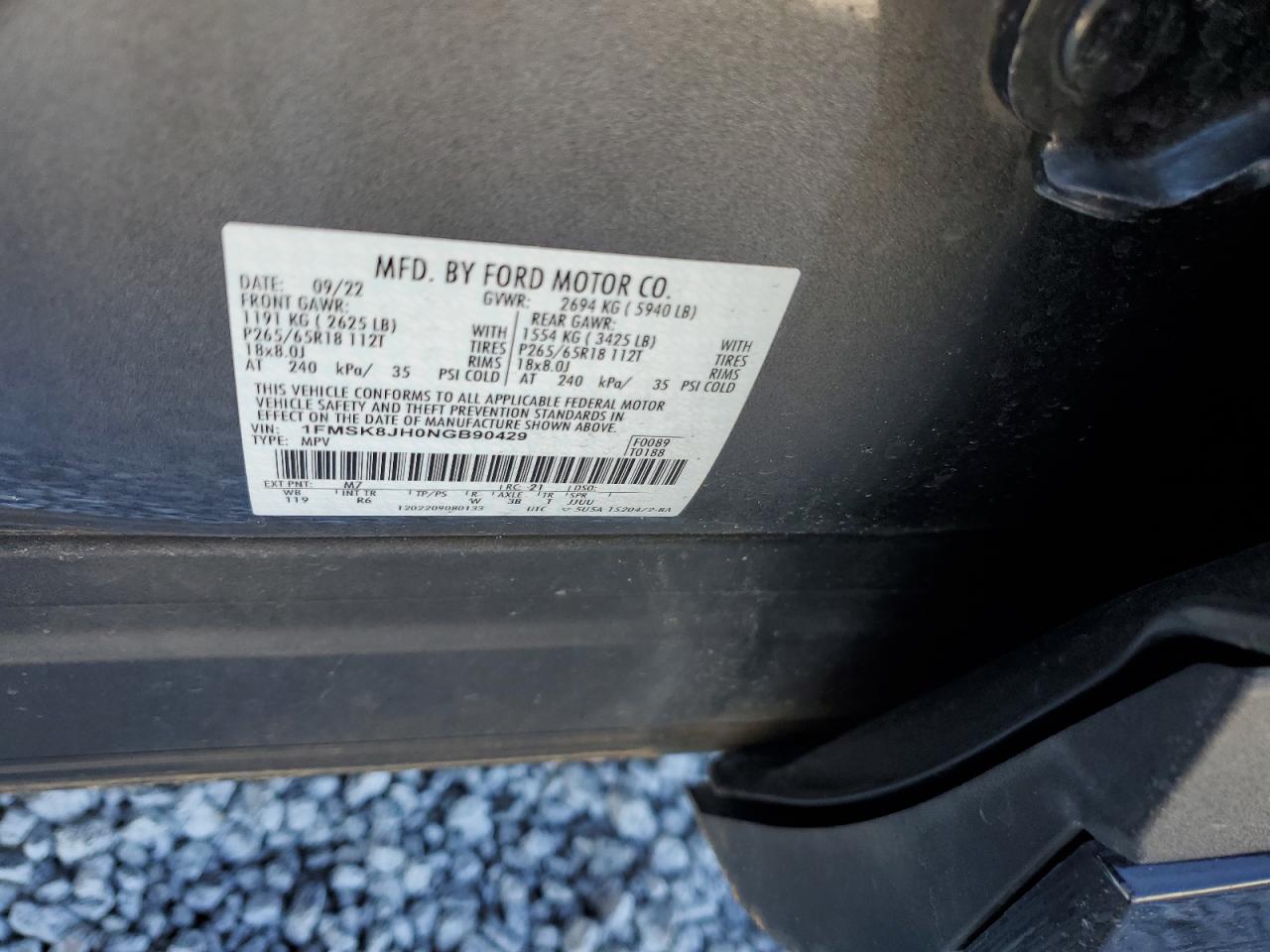 2022 FORD EXPLORER TIMBERLINE VIN:1FMSK8JH0NGB90429