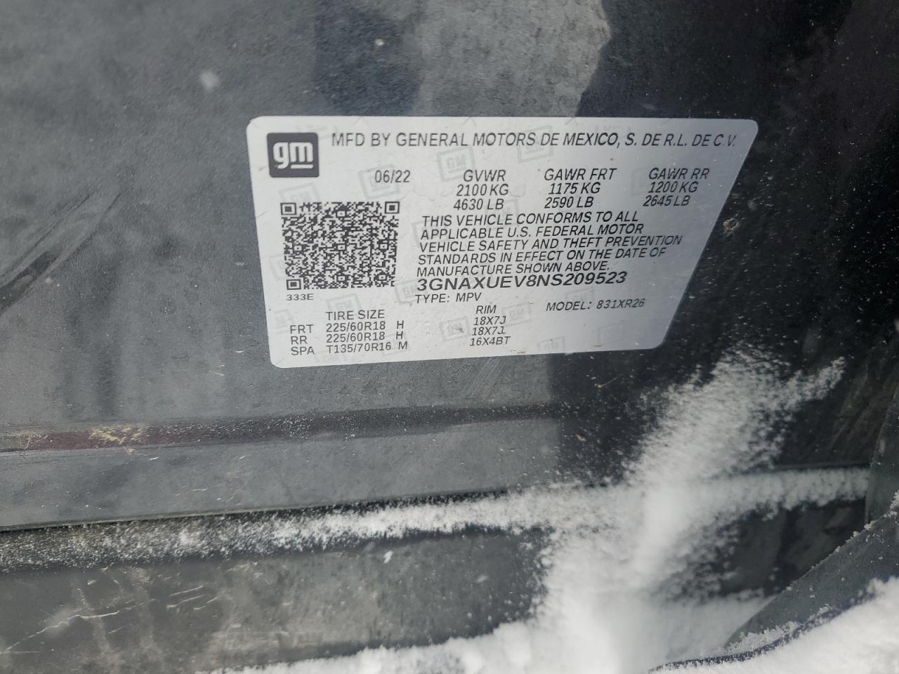 2022 CHEVROLET EQUINOX LT VIN:3GNAXUEV8NS209523