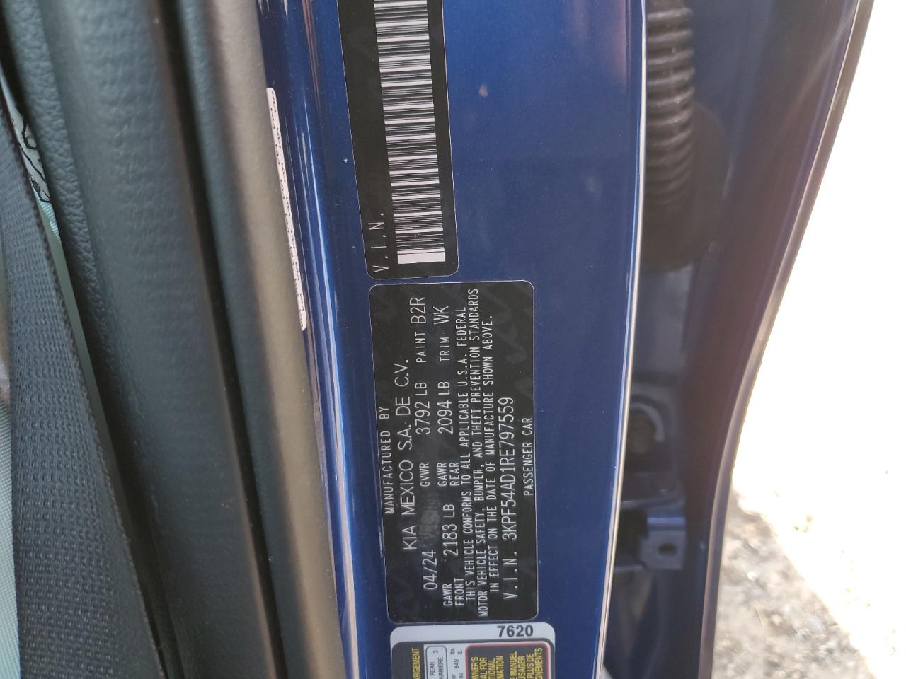 2024 KIA FORTE GT LINE VIN:3KPF54AD1RE797559