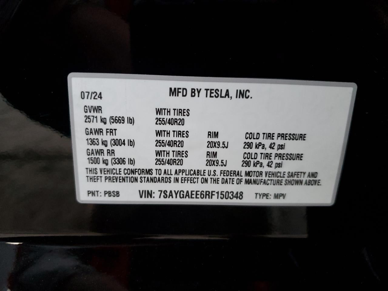 2024 TESLA MODEL Y VIN:7SAYGAEE6RF150348