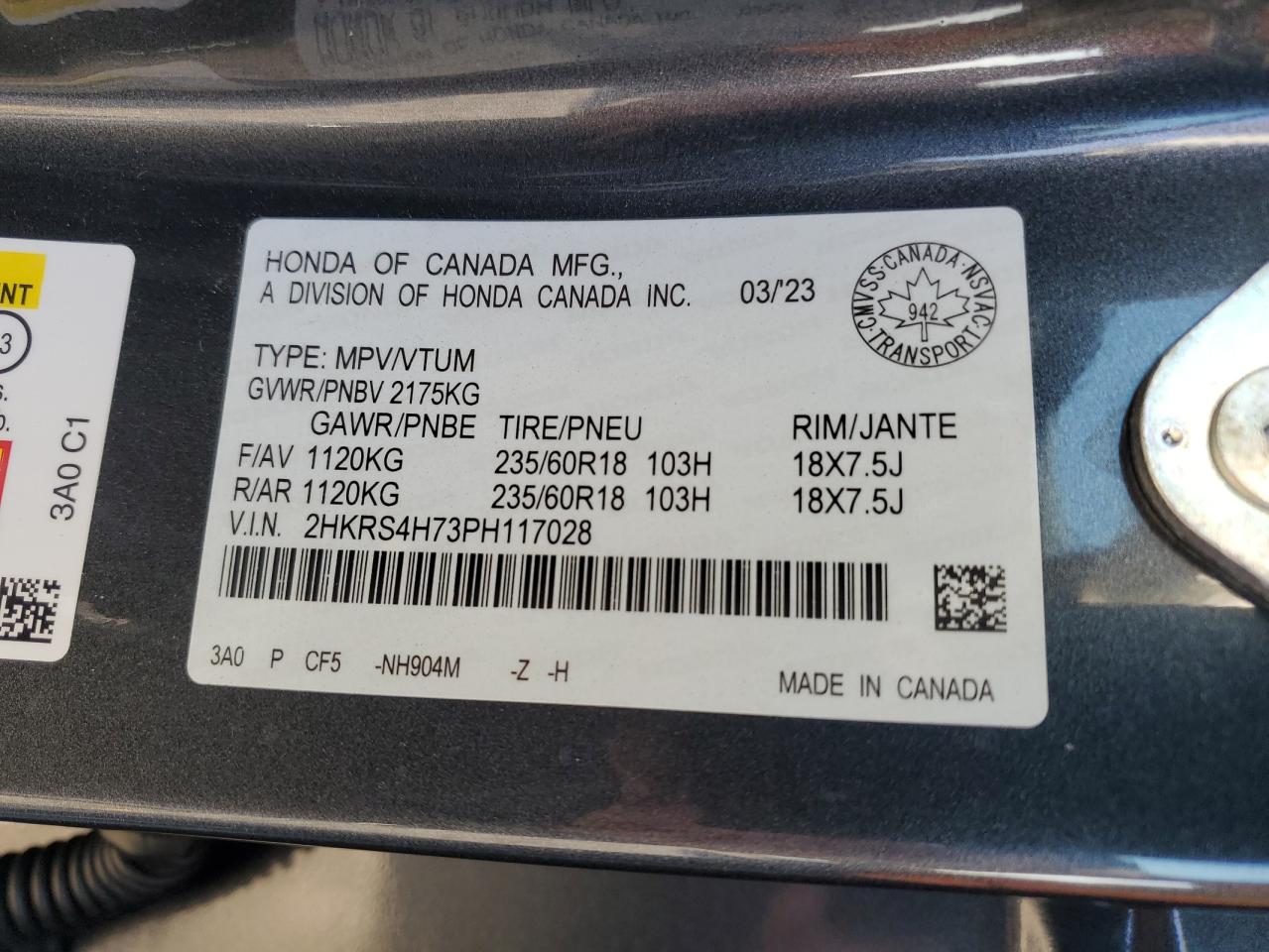 2023 HONDA CR-V EXL VIN:2HKRS4H73PH117028