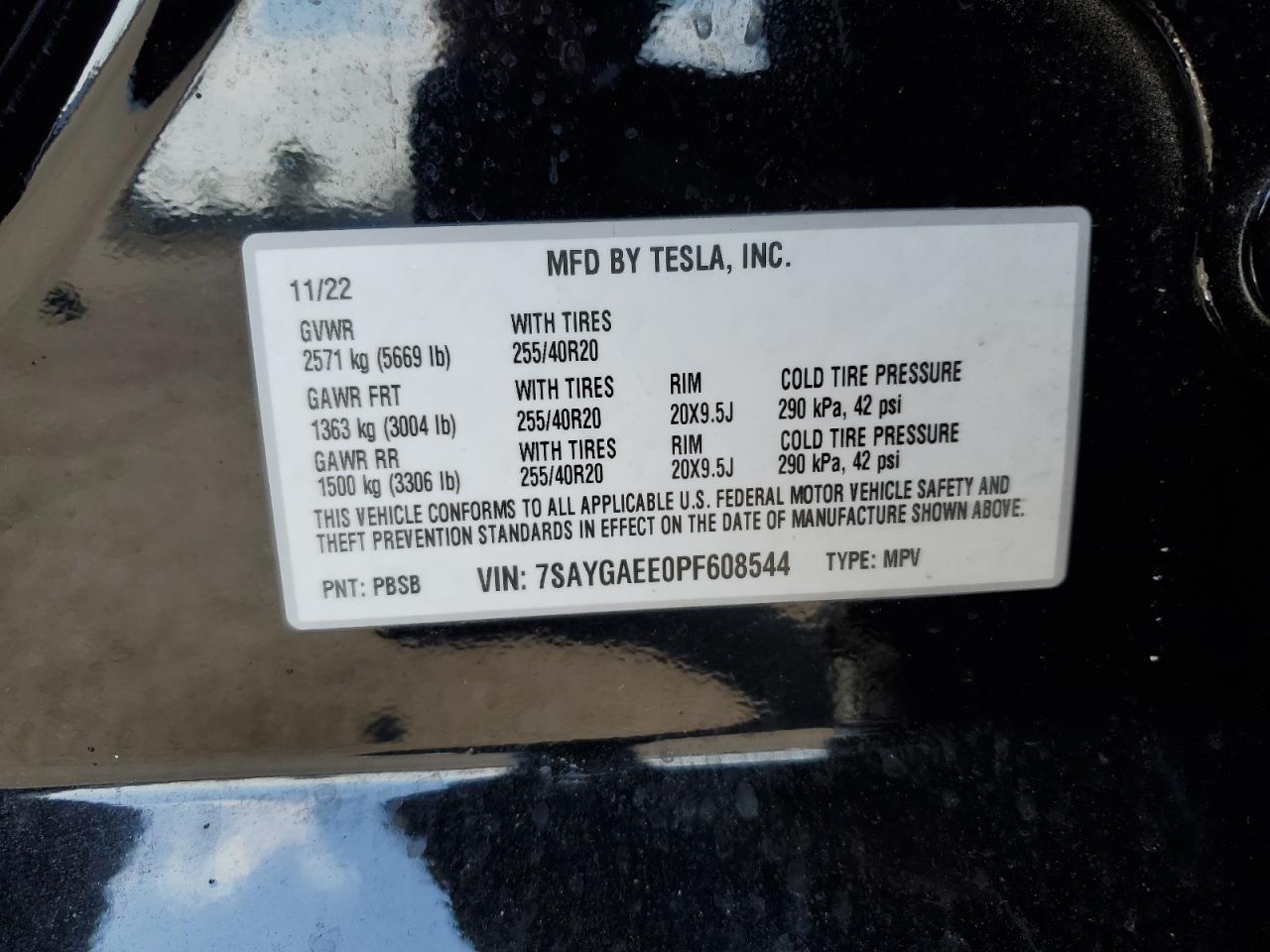 2023 TESLA MODEL Y VIN:7SAYGAEE0PF608544