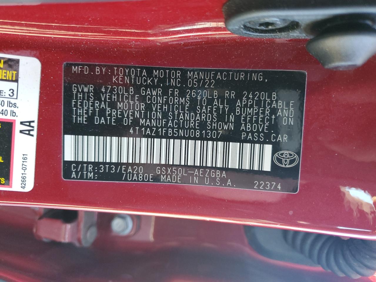 2022 TOYOTA AVALON XLE VIN:4T1AZ1FB5NU081307