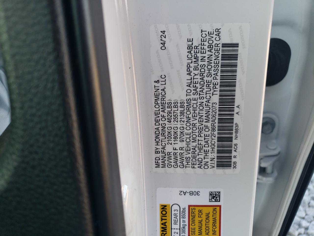 2024 HONDA ACCORD TOURING HYBRID VIN:1HGCY2F86RA062073