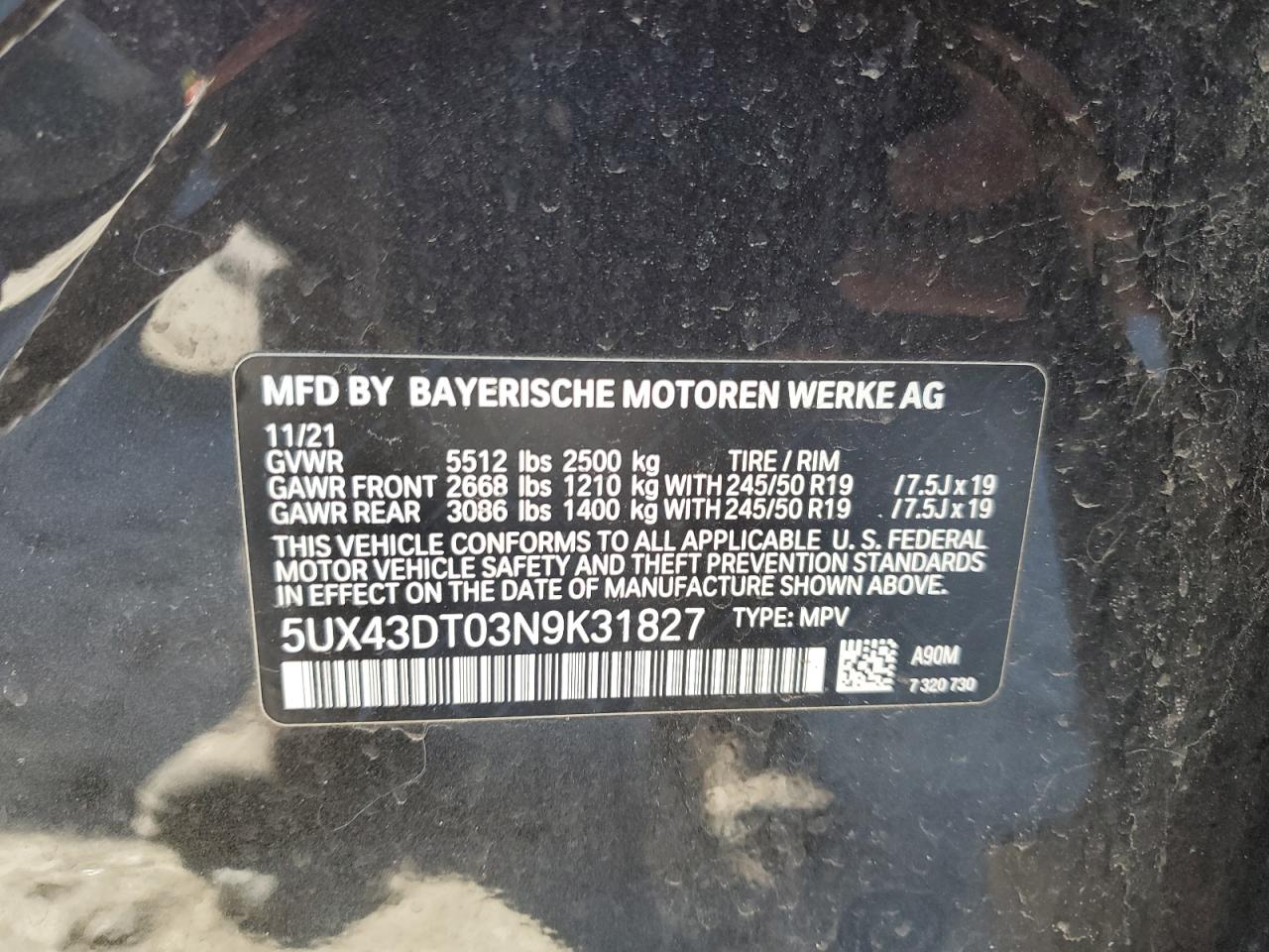 2022 BMW X4 M40I VIN:5UX43DT03N9K31827