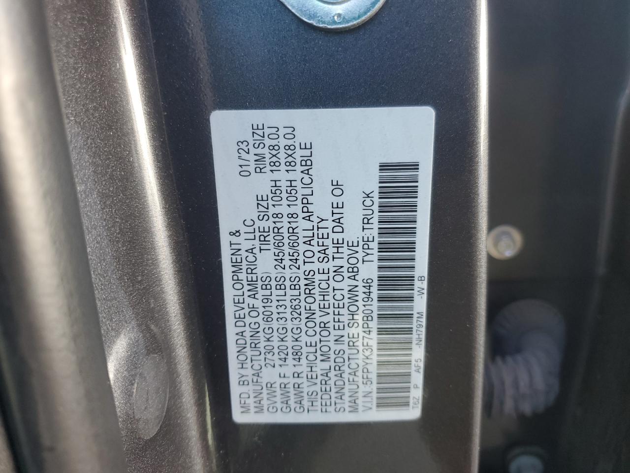 2023 HONDA RIDGELINE RTL-E VIN:5FPYK3F74PB019446