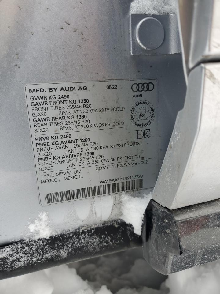 2022 AUDI Q5 PREMIUM PLUS 45 VIN:WA1EAAFY1N2117789